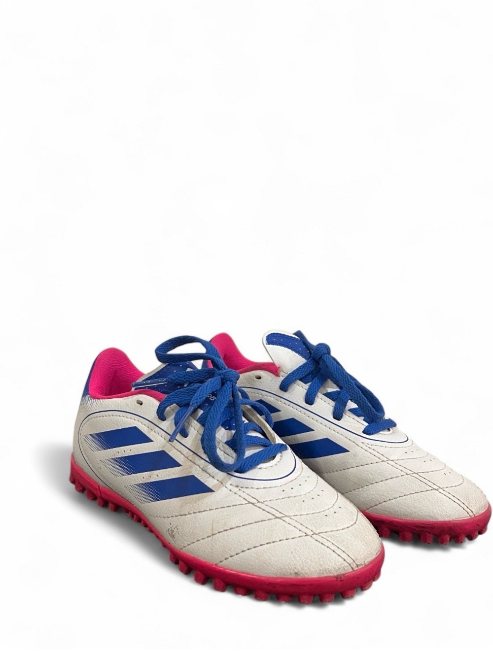 adidas Kids' Goletto IX Turf Soccer Cleats with Blue Stripes and Pink Accents